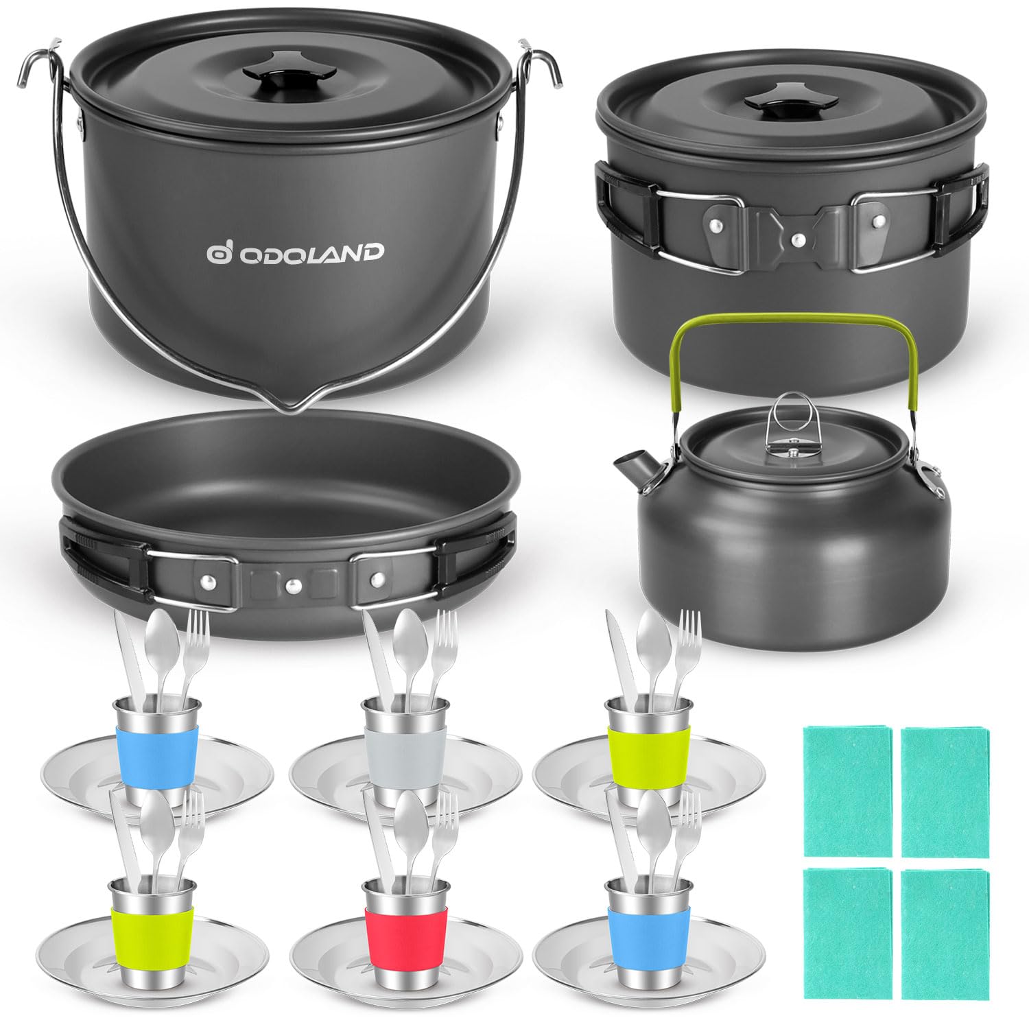 Odoland Camping Cookware Mess Kit for 6 People, Large Size Hanging Pot Pan Kettle with Base Dinner Cutlery Sets, Cups Dishes Forks Spoons Kit for Outdoor Camping Hiking and Picnic