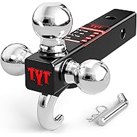 TYT 2 inches Trailer Hitch Tri Ball Mount with Hook 1-7/8", 2", 2-5/16" Black Plated Balls and Hook,Fits for 2 inch Receiver,