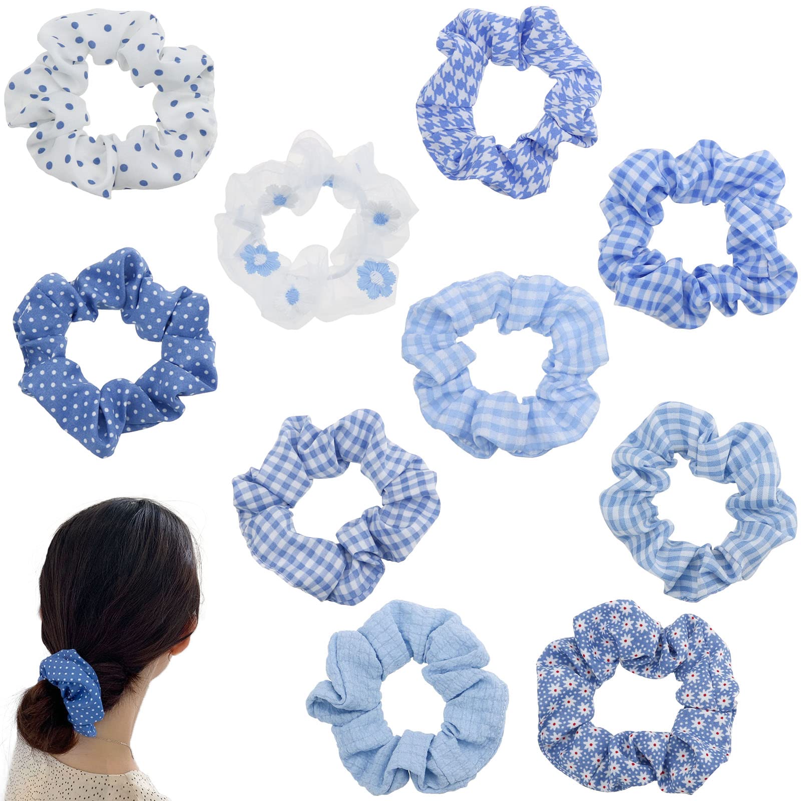 DonLeeving 10 Pcs Hair Scrunchies Elastic Bobbles Ties Ponytail Holder Traceless Ropes Soft Bands Blue Set Elegant Accessories for Girls Women Thick or Thin