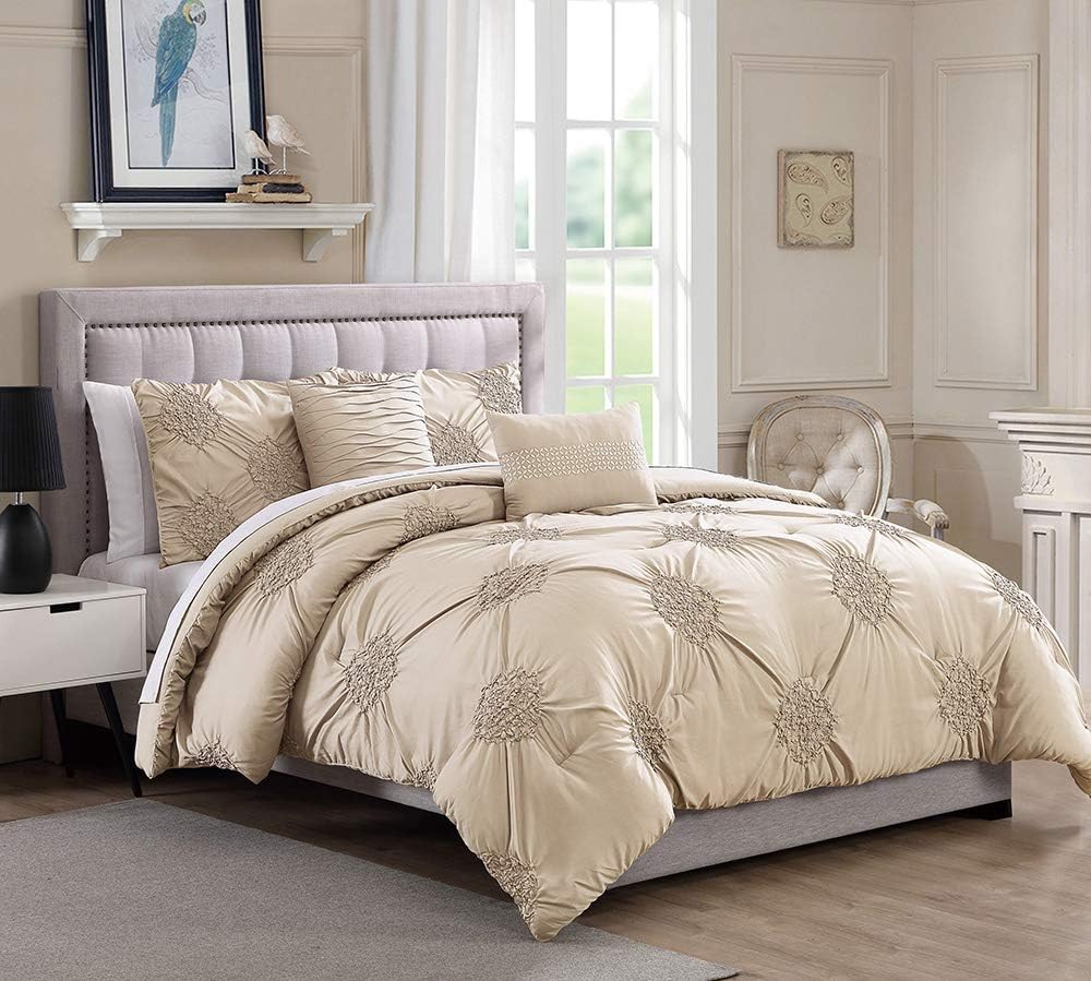 Bourina Comforter Set 5 Piece Round Floral Pinch Pleat