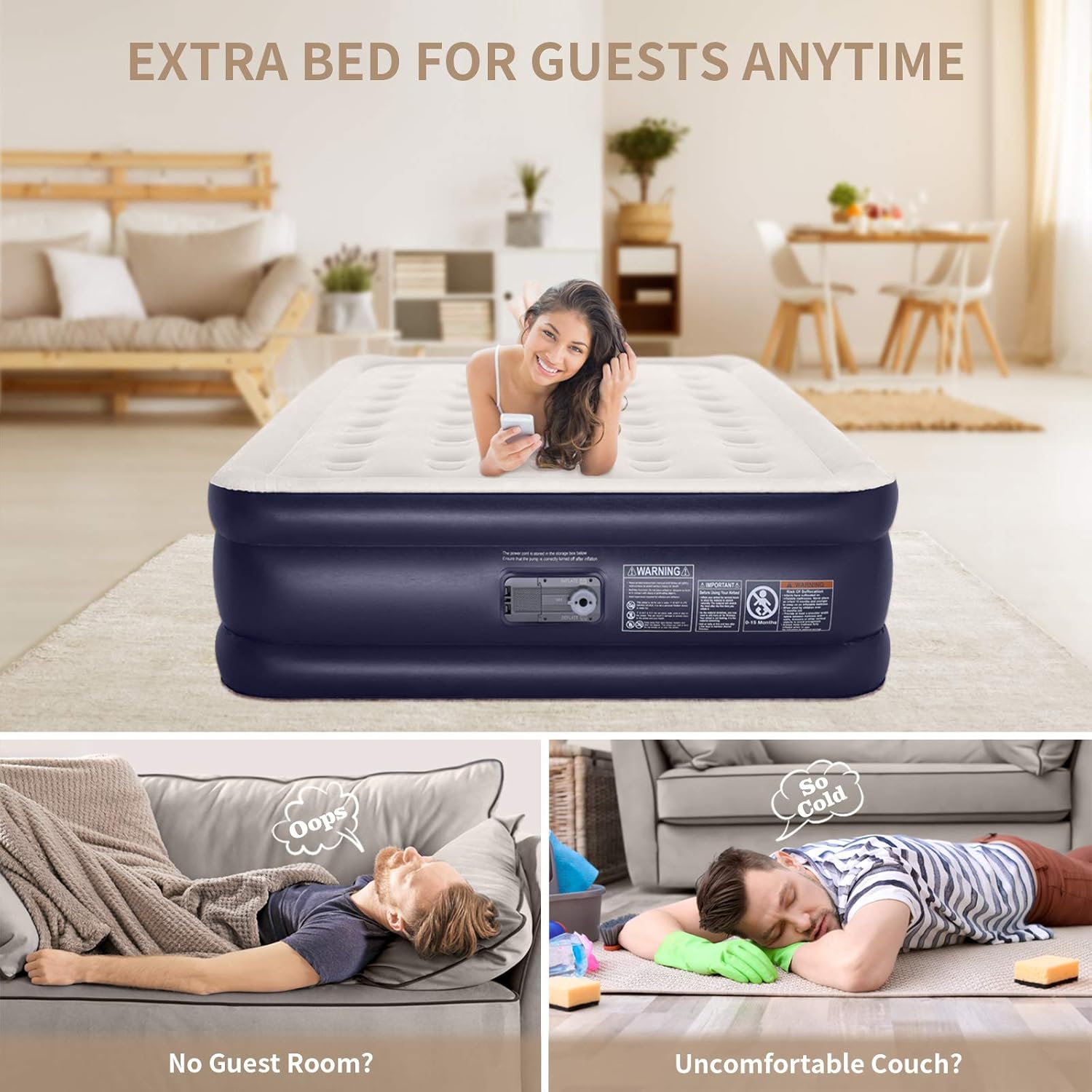 COMFORT QUEST Queen Air Mattress with Built-in Pump for Guest, Dark Blue: Home & Kitchen