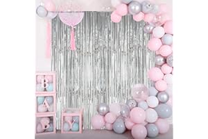 ShiDianYi Fring Curtain Metallic Foil Backdrop Silver Grey 12FT X 8FT | 4 Pack Tinsel Streamers for Party, Window, Doorway Decor | Holiday Photo Booth, Home Theater, Stage Background