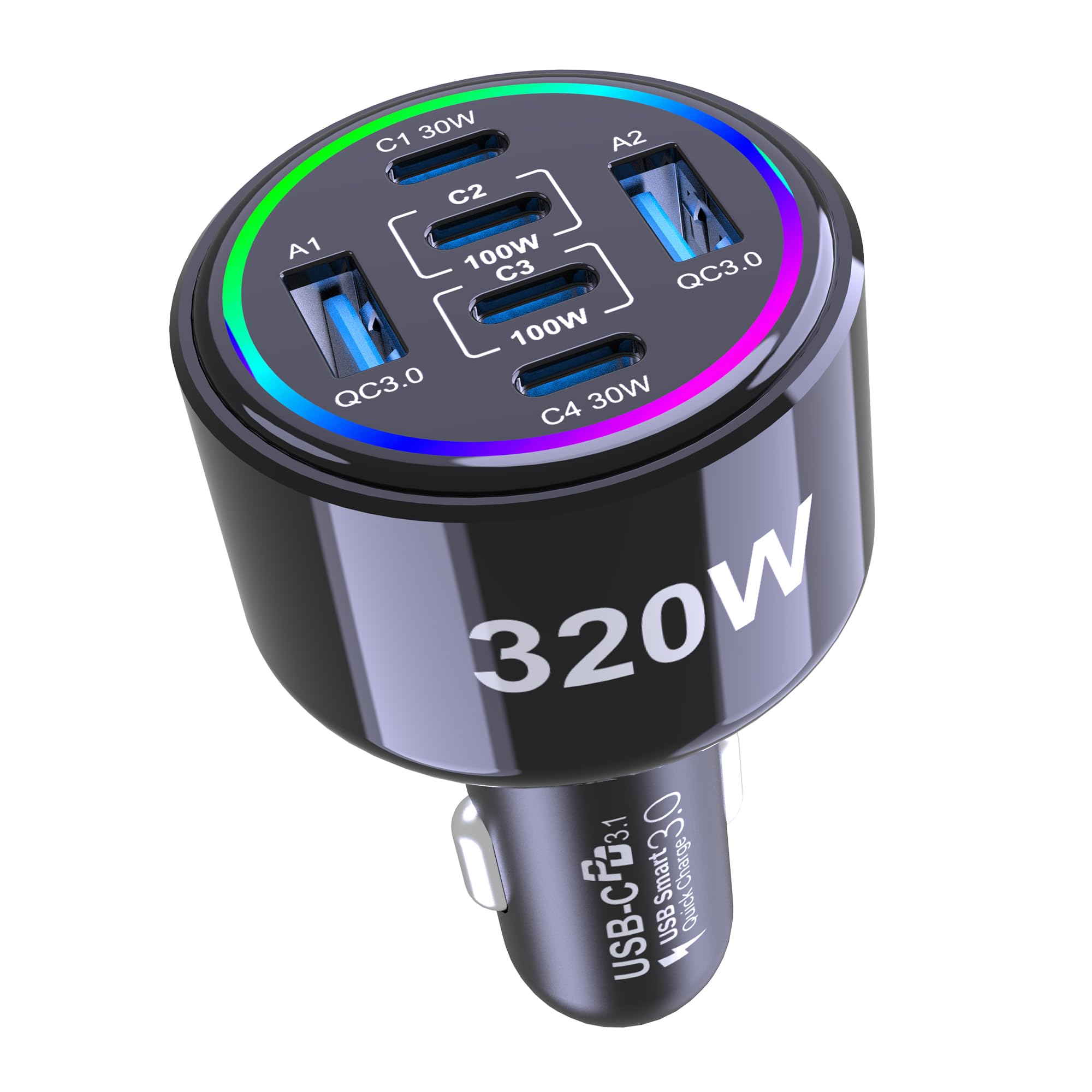 320W USB C Car Charger, 6 Ports Type C Car Charger, PD3.0/QC4.0/PPS Super Fast Charging for iPhone 17/16/15 Series, Galaxy S25/S24/23, iPad, MacBook Pro/Air, Laptop (Black)