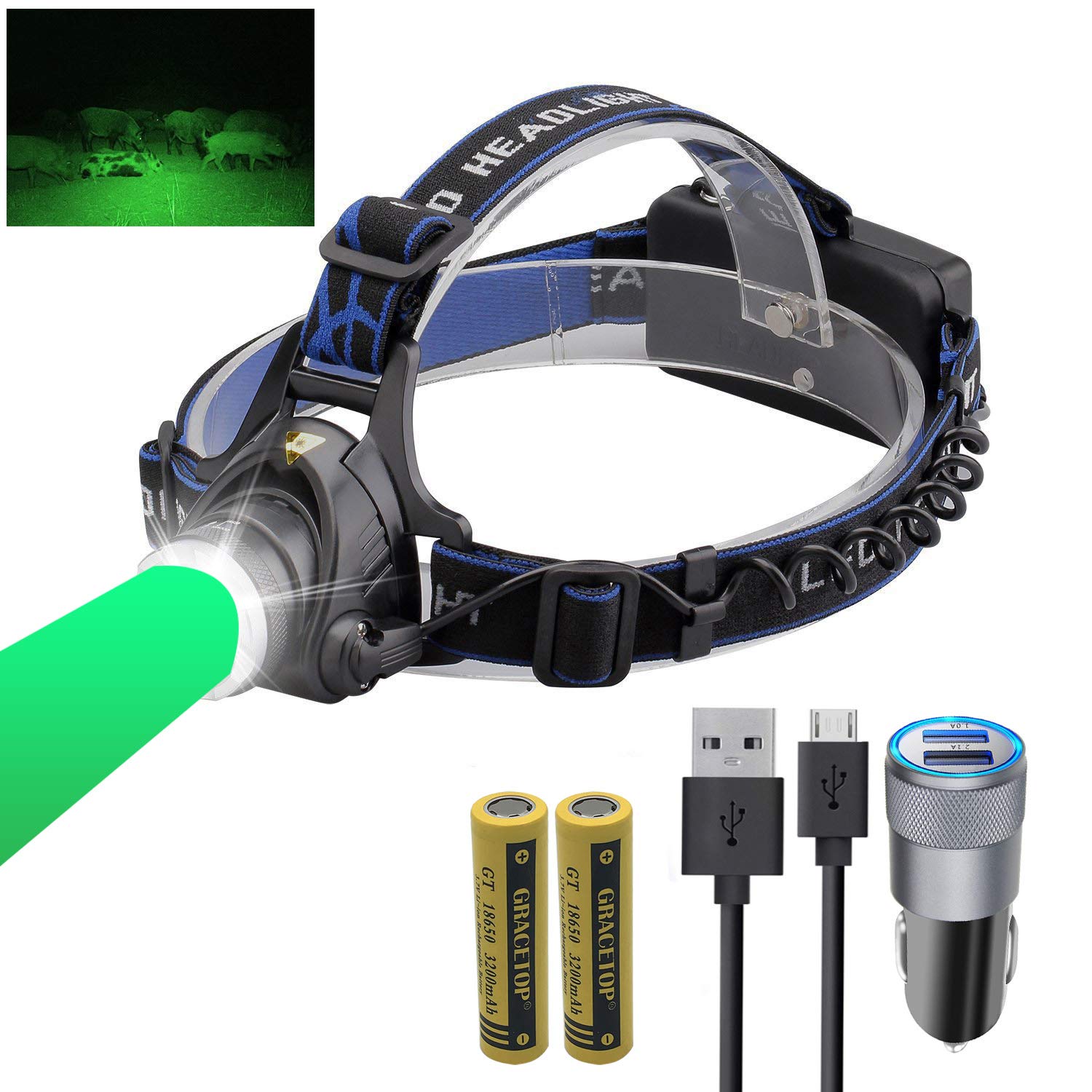 LED Headlamp Rechargeable GreenLight, 1800 Lumens Zoomable Hunting Green Light 710731333796 eBay