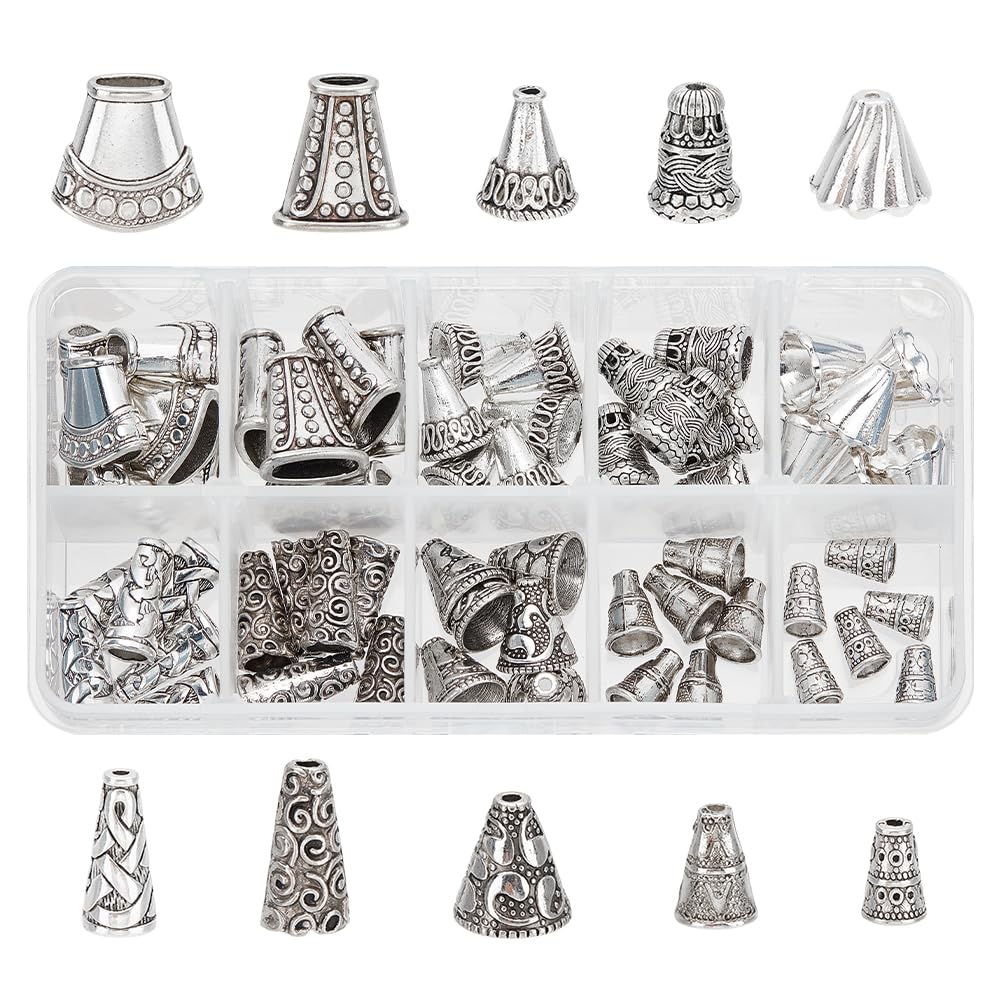 PH PandaHall 60 pcs in 1 Box 10 Different Shape Tibetan Style Bead Caps, Alloy & Brass Bead Caps for Jewellery Making, Antique Silver Color,Mixed Size
