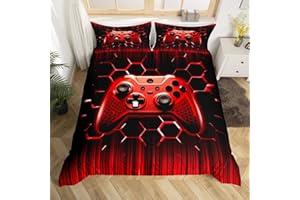 Manfei Kids Gaming Duvet Cover Set Twin Size, Red Geometric Gamepad Bedding Set 2pcs for Boys Girls Game Room Decor, Modern Gamer Comforter Cover Videogames Reversible Quilt Cover with 1 Pillowcase