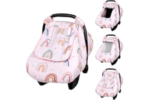 CARUILI Car Seat Cover Baby Girl Boy, Warm Winter Carseat Cover for Baby, Kick-Proof Infant Car Seat Cover with Peep Window, Windproof & Cozy, Pink Rainbow