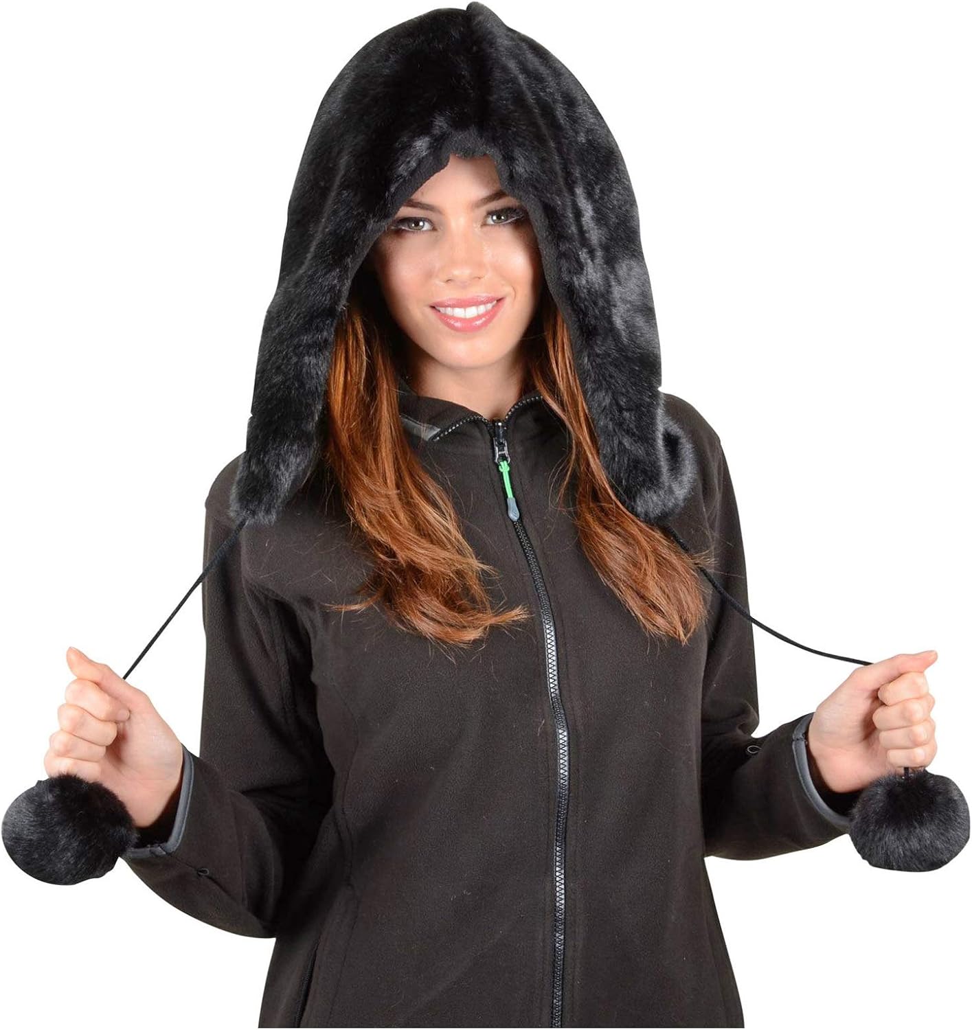 SSP Ladies Luxury Faux Fur Hood Hat with Pom Pom Tiers Black with
