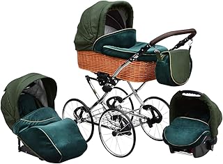 SKYLINE Klassisch Retro Stil Wicker LUX Kombi-Kinderwagen Buggy 3in1 Reise System Autositz (Isofix) (Sea Green/17"Räder)