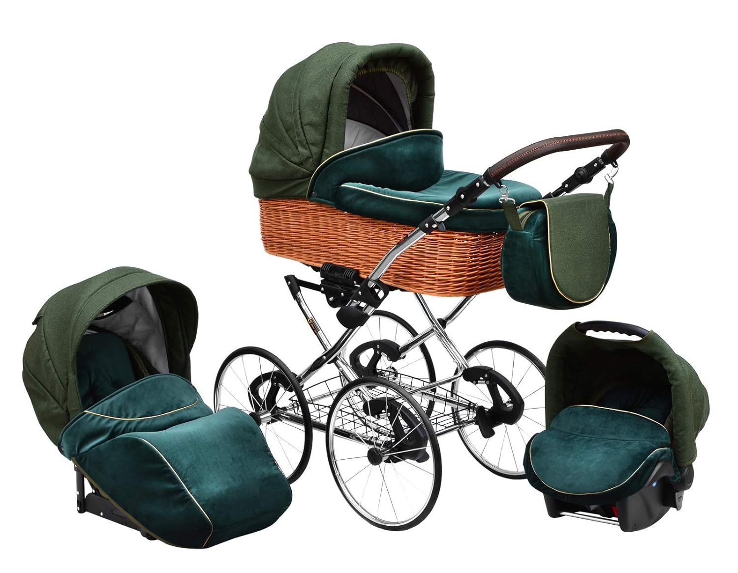 SKYLINE Klassisch Retro Stil Wicker LUX Kombi-Kinderwagen Buggy 3in1 Reise System Autositz (Isofix) (Sea Green/17"Räder)