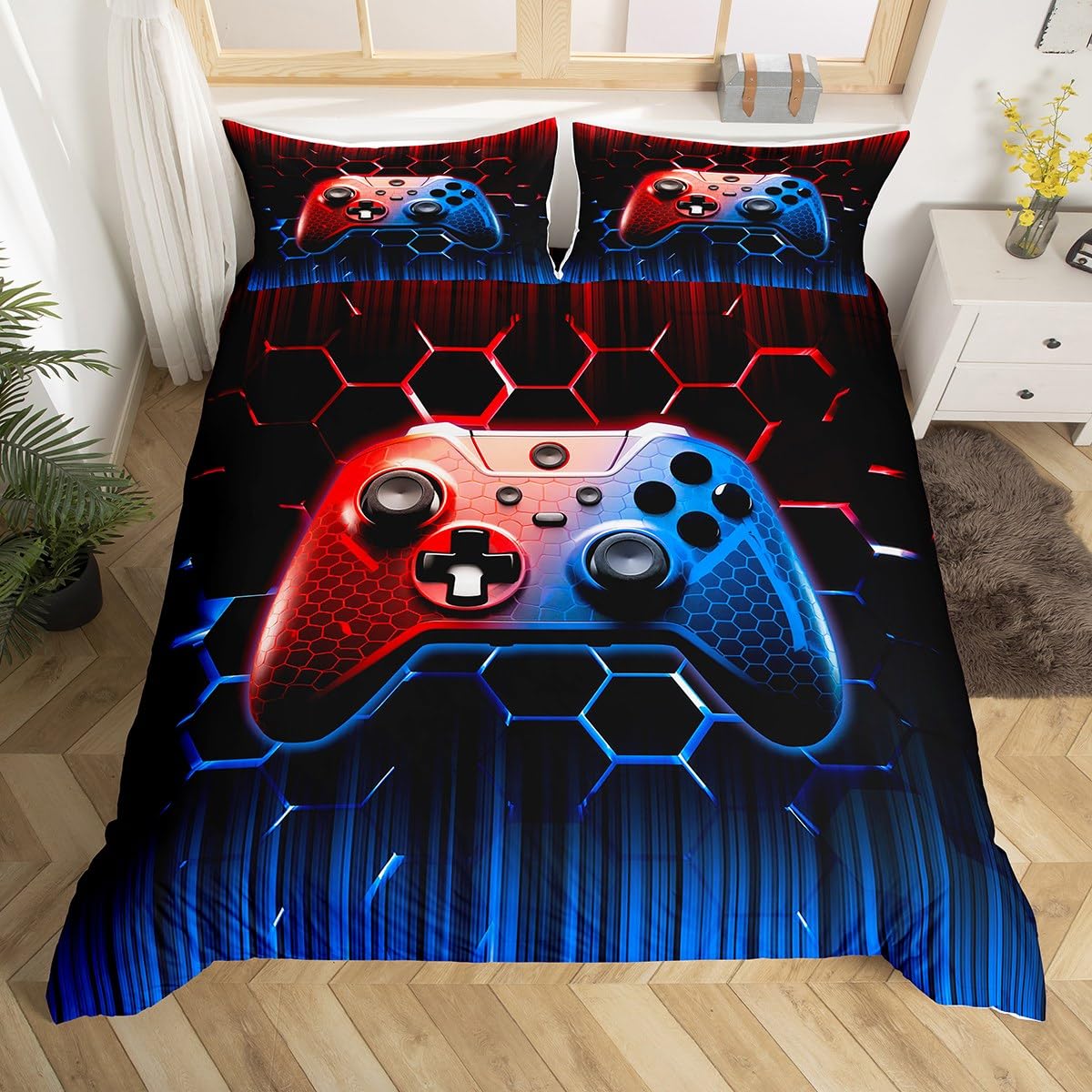 Red Blue Gaming Kids Duvet Cover Set Double Size, Honeycomb Gamepad Bedding Set for Boys Girls Teens Bedroom Decor, Modern Gamer Comforter Cover, Abstract Geometric Quilt Cover, 2 Pillowcases