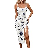 Floerns Women's Sleeveless Spaghetti Strap Split Thigh Dress Graphic Ruched Evening Party Cami Dress