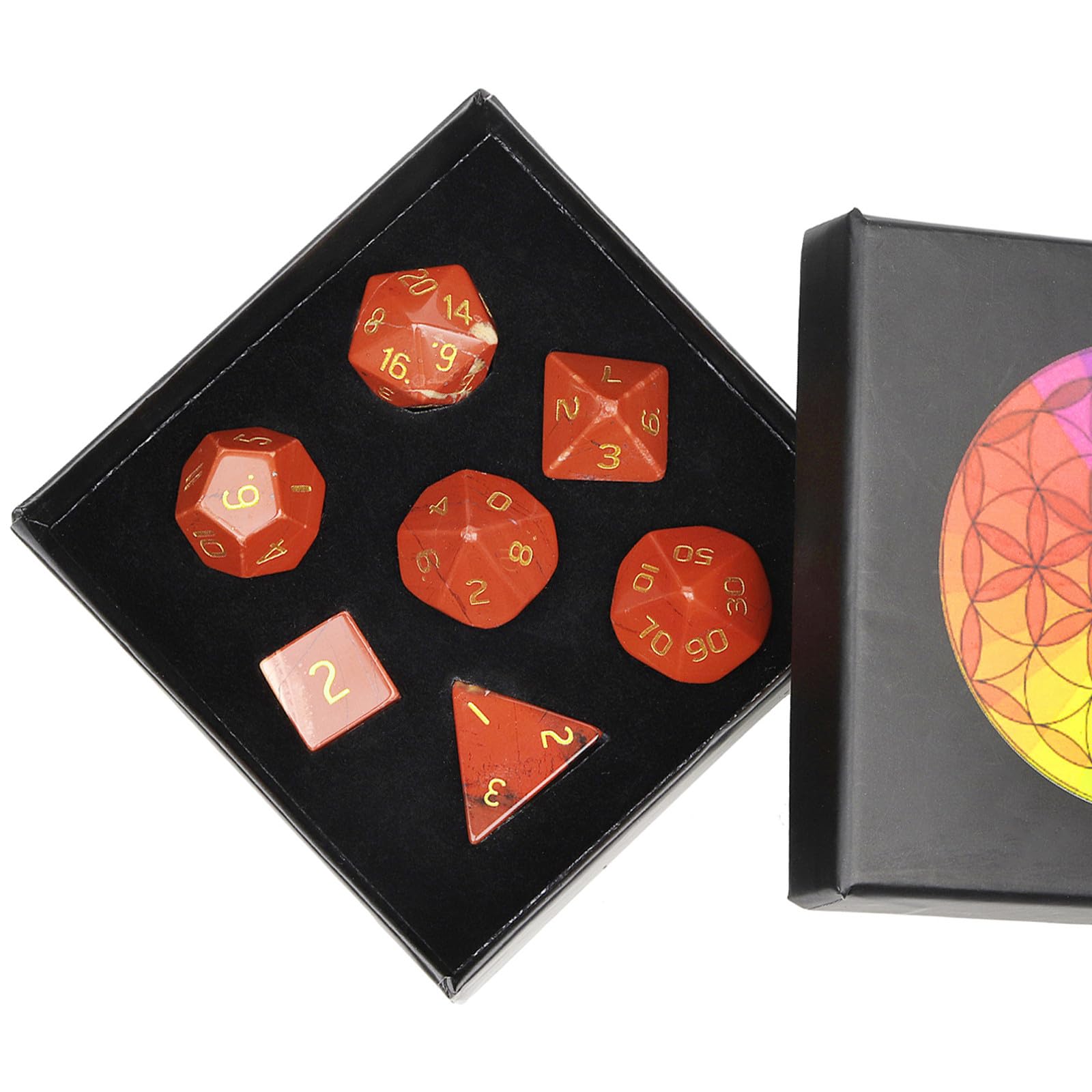 Nupuyai 7pcs Red Jasper Crystal Polyhedral DND Dice Set for RPG MTG Table Games, Polished Tumbled Stones Dices with Box for Home Decor — image 1