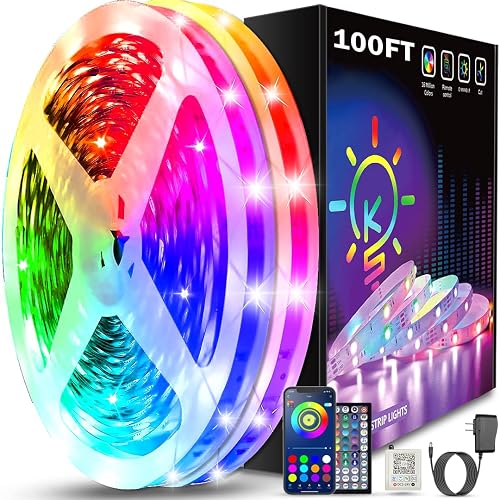 Keepsmile 100ft Led Strip Lights (2 Rolls of 50ft) Bluetooth App Control Led Lights Strip with Remote Music Sync Color Changing RGB Led Lights for Bedroom Room Home Christmas Decor (Lumiere Led 30M)