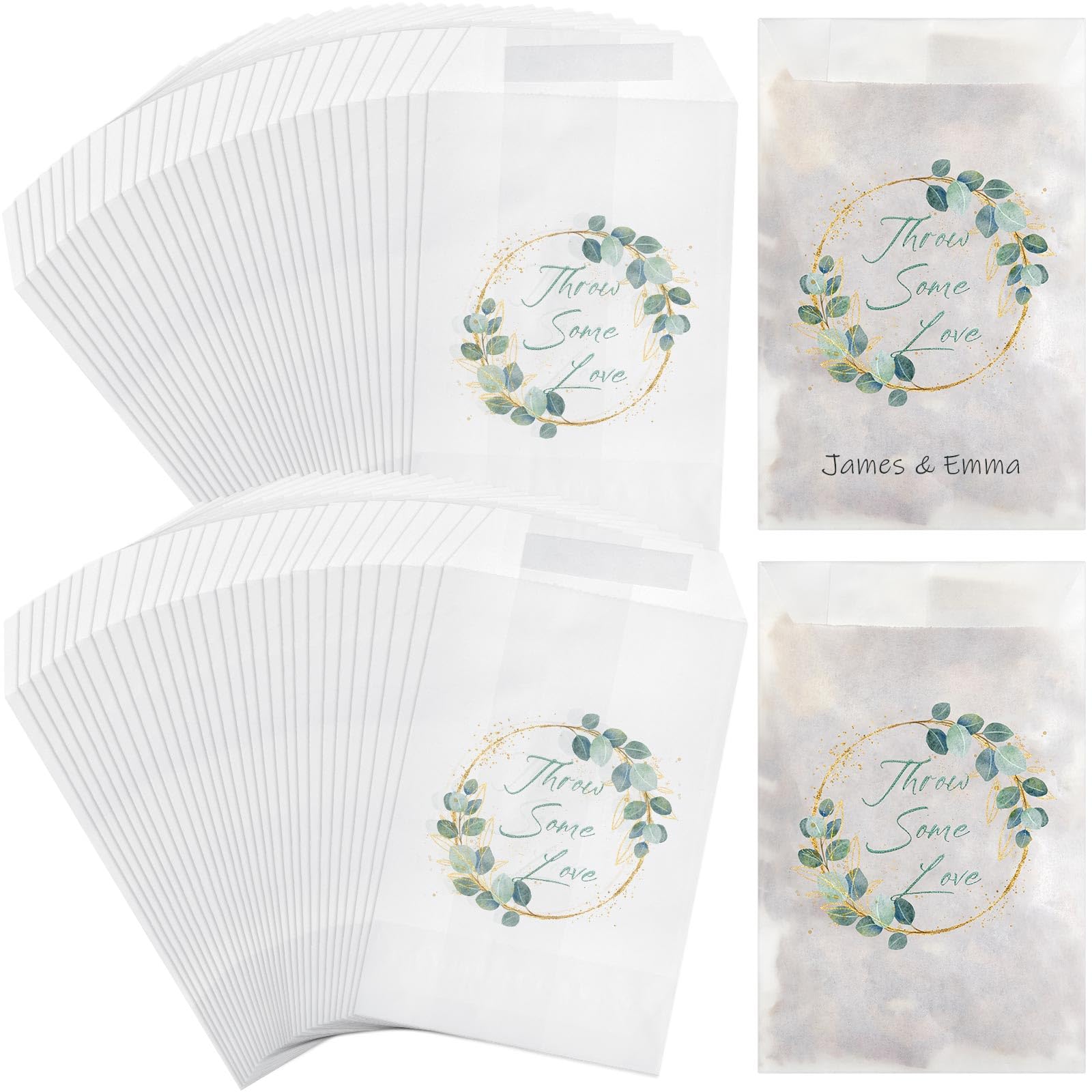 Clabby 50 Pcs Wedding Confetti Bags 105 x 70 mm Confetti Favor Hen Party Candy Bags Throw Some Love Paper Glassing Envelopes for Summer Wedding Baby Shower Bridal Shower(Green Leaf Style)