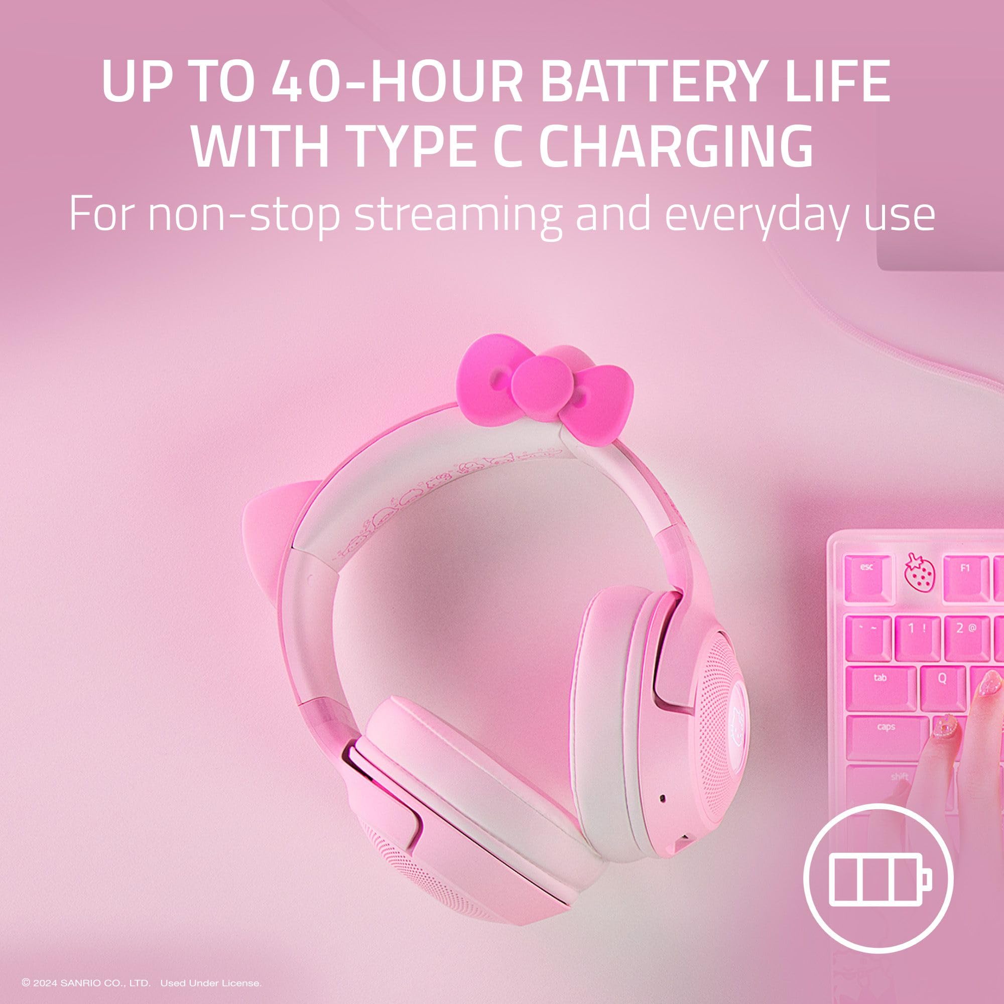 Razer Kraken Kitty V2 BT Wireless RGB Headset: Chroma RGB - Bluetooth 5.2-40 mm Drivers - 40 Hr Battery w/Type C Charging - Hello Kitty & Friends Edition