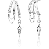 Freekiss 3 Hoop Illusion Huggie Earrings for Women, Hypoallergenic Dangle Drop Earrings Minimalist Stud Earrings with Cubic Zirconia, Gold Silver Choice