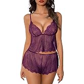 Kolagri Lingerie for Women Sexy Lace Pajamas Set Floral Sheer Sleepwear Mesh See Through Cami Shorts Set