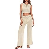 Saodimallsu Womens 2 Piece Crochet Swimsuit Cover Up Sleeveless Crop Top Drawstring Long Pants Set Beach Outfits