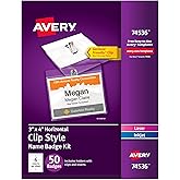 Avery Customizable Name Badges, Clip Style, 3" x 4", Clear Name Tag Holders, White Laser/Inkjet Printable Inserts, 50 Total (74536)