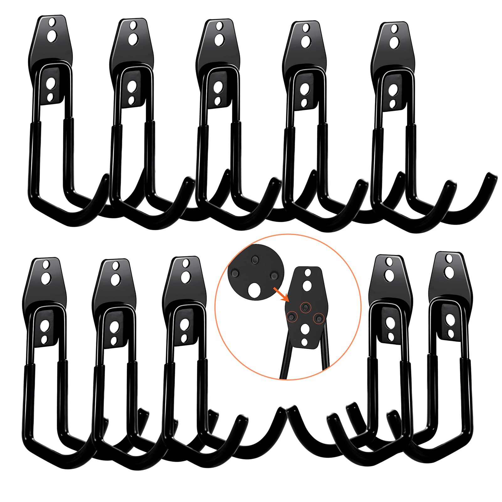 3-H Garage Hooks Heavy Duty, Tool Hangers for Garage Wall 10PC Small J, Skateboard Wall Mount,Garage Wall Hooks with 3 Welding Spot for Organizing Bike, Ladder, Bicycle, Chair, Shovel, Helmet(Black)