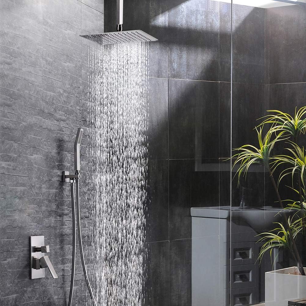SR SUN RISE 12 Inches Brushed Nickel Shower System Bathroom Luxury Rain Mixer Shower Combo Set Ceiling Mounted Rainfall Shower Head Faucet (Contain Shower Faucet Rough-In Valve Body and Trim) - - 