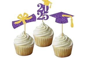 DOMOO OF DREAMS Graduation Cupcake Toppers Grad Party Decoration Food Picks Congrats Glitter Diploma Cap School Colors Supplies 24 PCS Purple Gold