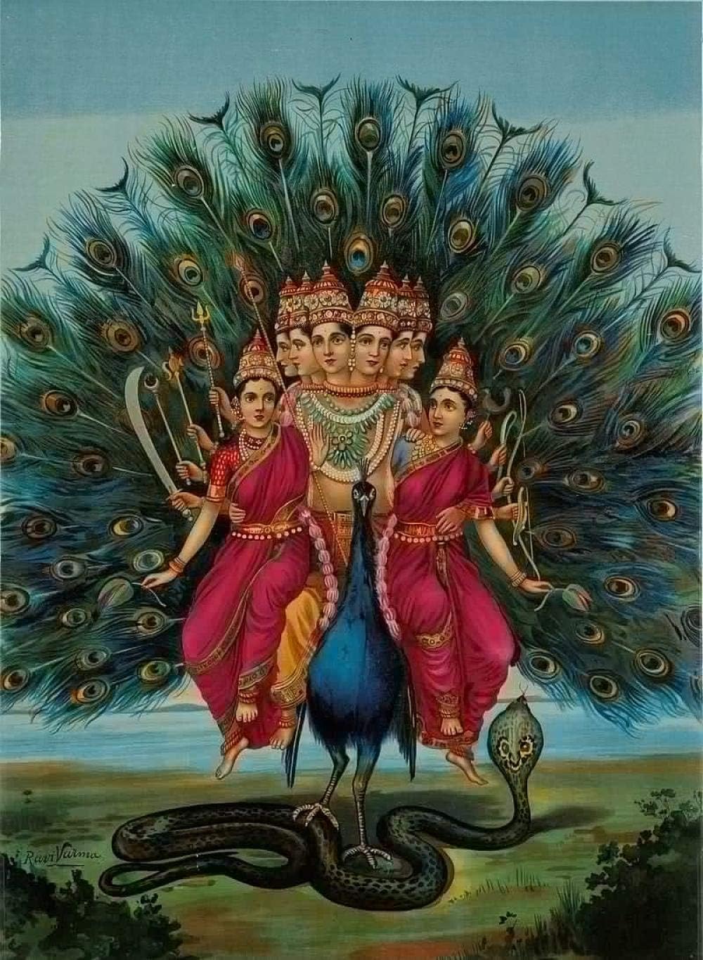 GXJAWYZ Jigsaw Puzzle 1000 Pieces for Adults Wooden Blue Peacock With Hindu Gods Illustration DIY Home Decorations Family Games