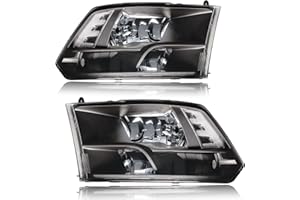 Fullux Headlights for Dodge Ram 1500 2009-2018 & Dodge Ram 2500 3500 4500 550010-18 Only Factory Quad Style Halogen Headlamp Black Housing Clear Reflector