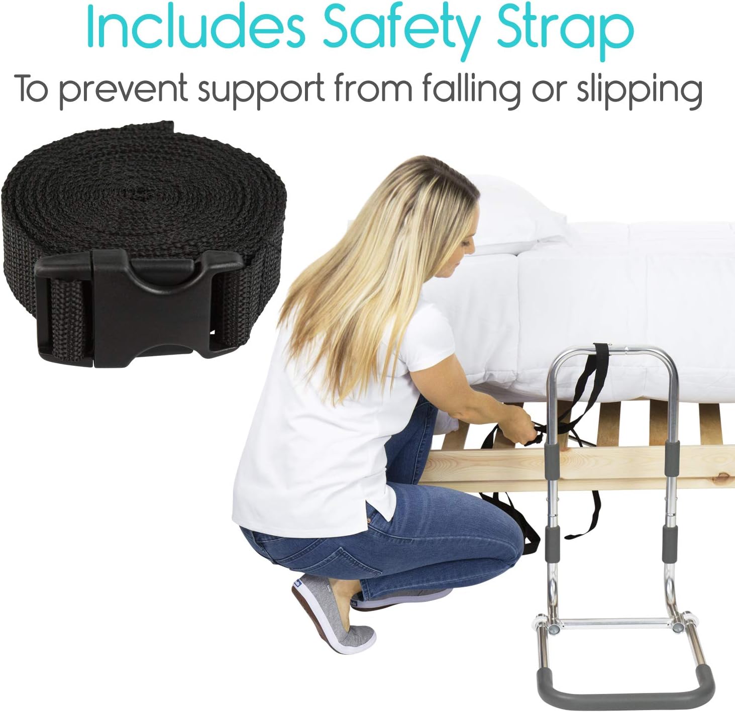 Vive Bed Rail - Compact Assist Railing for Elderly Seniors, Handicap, Kids - Standing Bar Handle with Fall Prevention Guard - Adjustable Bedrail Cane fits King, Queen, Full, Twin - Stability Grab Bar: Health & Personal Care