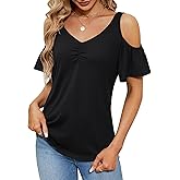 Micoson Cold Shoulder Tops for Women Summer Short Sleeve Shirts Ladies Floral Ruched Blouse Classic Cute V Neck Tunic
