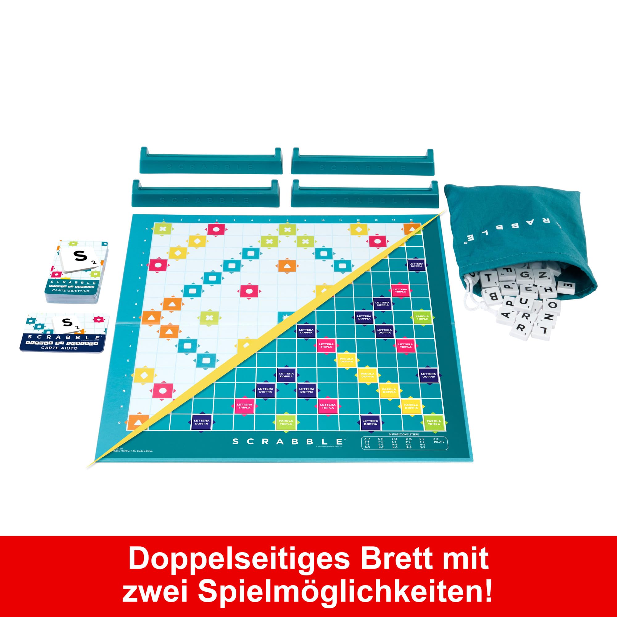 MATTEL GAMES Scrabble Zwei in Eins - Doppelseitiges Brettspiel für schnelles, zwangloses und kooperatives Spiel, inklusive 50 Zielkarten für Scrabble Together, einfache Punktevergabe, HWD45 3