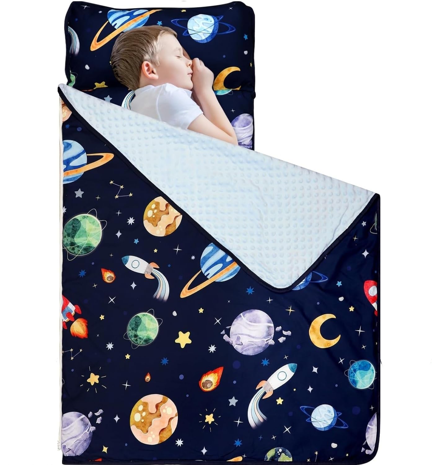 Hooyax Toddler Nap Mat with Removable Pillow and Soft Blanket, Kids Nap Mats Rockets Space Rolled Slumber Bags for Boys Preschool, Daycare, Camping 22.9 x 51.2inch Ages 3-7 Years, Navy Blue — image 1