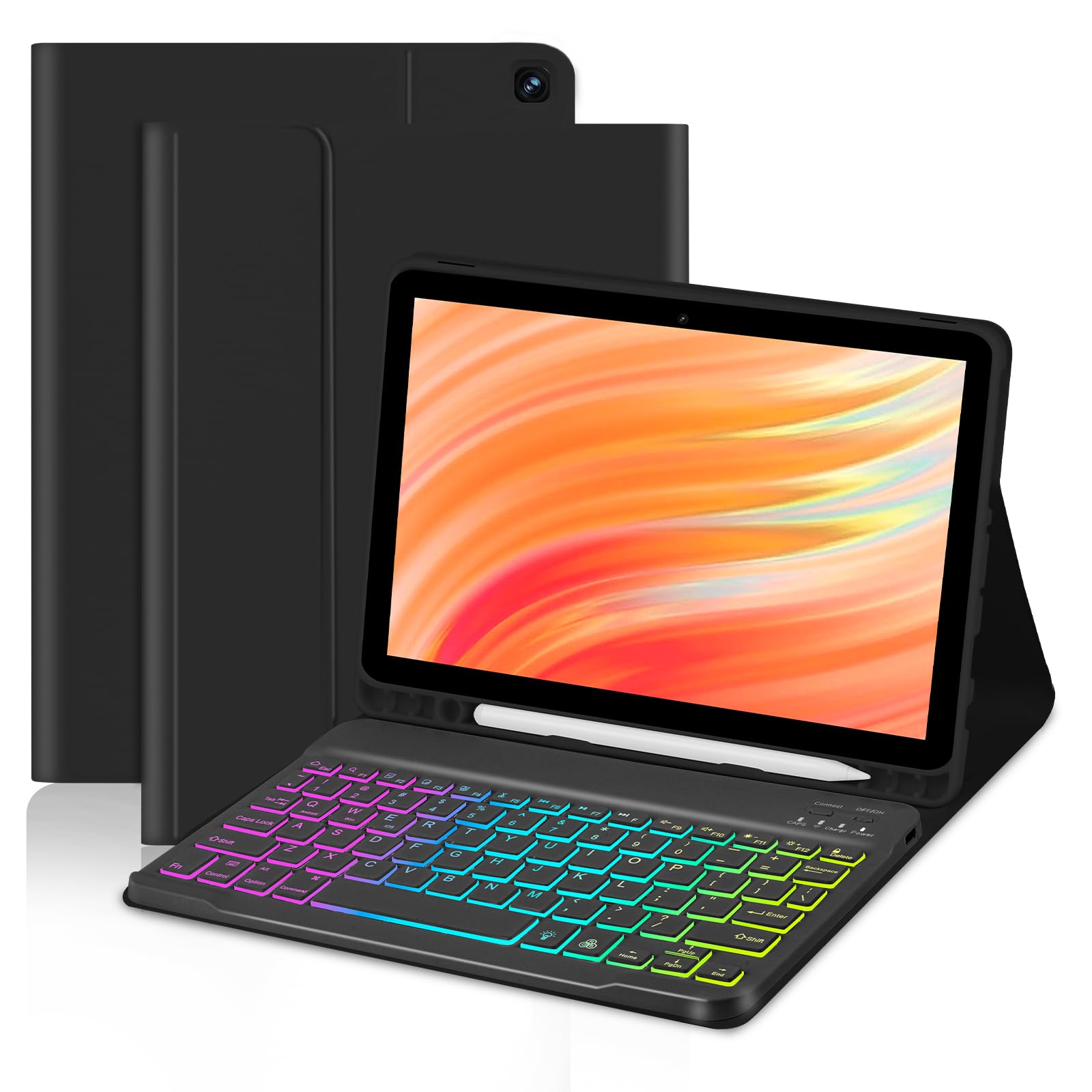 Photo 1 of EAMPANG Tablet Case with Keyboard for Amazon Kindle Fire HD 10&10 Plus 11/13th Gen 10.1 inch,7 Color Rainbow Backlit Detachable Keyboard Magnetic Cover with Pen Slot HD 10 2021&2023 Black+Black