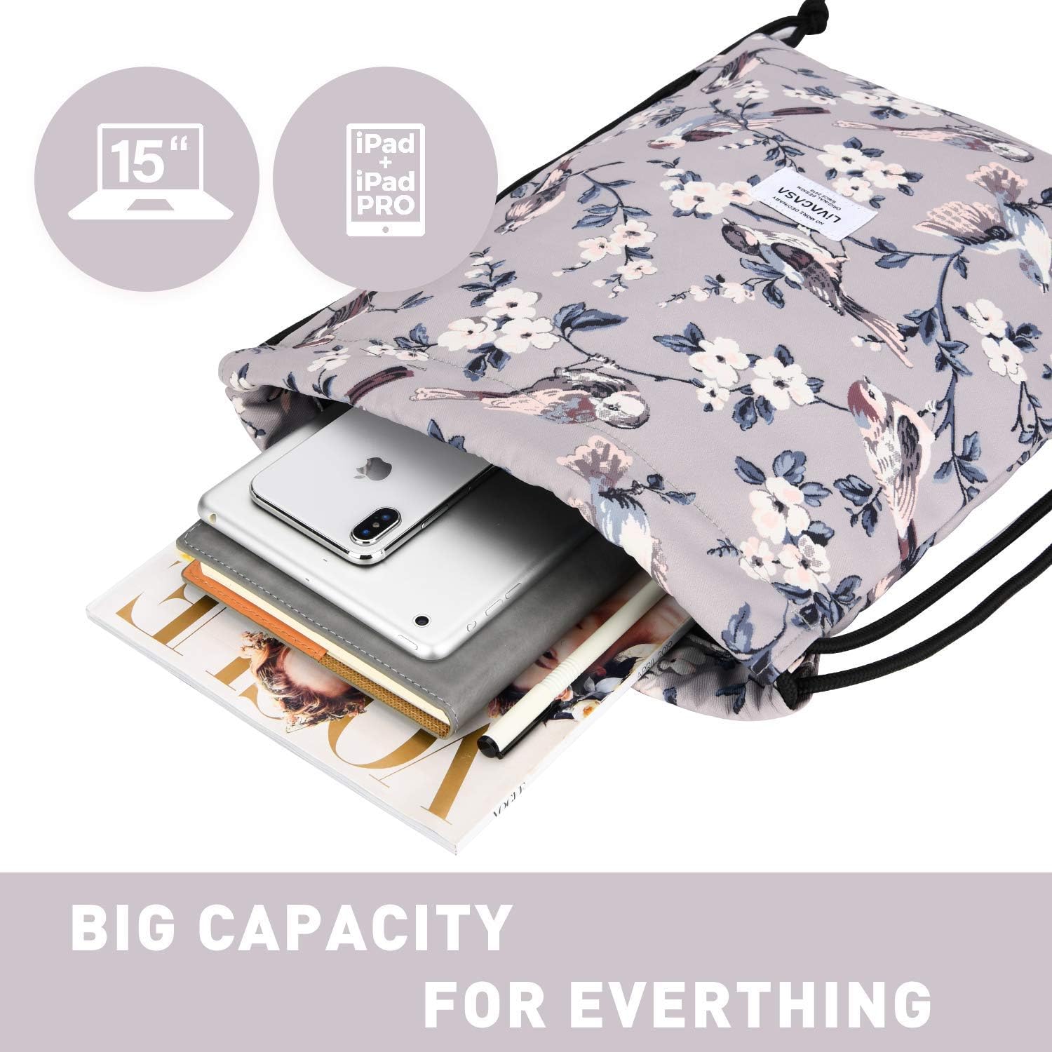 LIVACASA Drawstring Gym Bags Sack with Inside and Back Zipper Pockets Sports Travel Bag Water