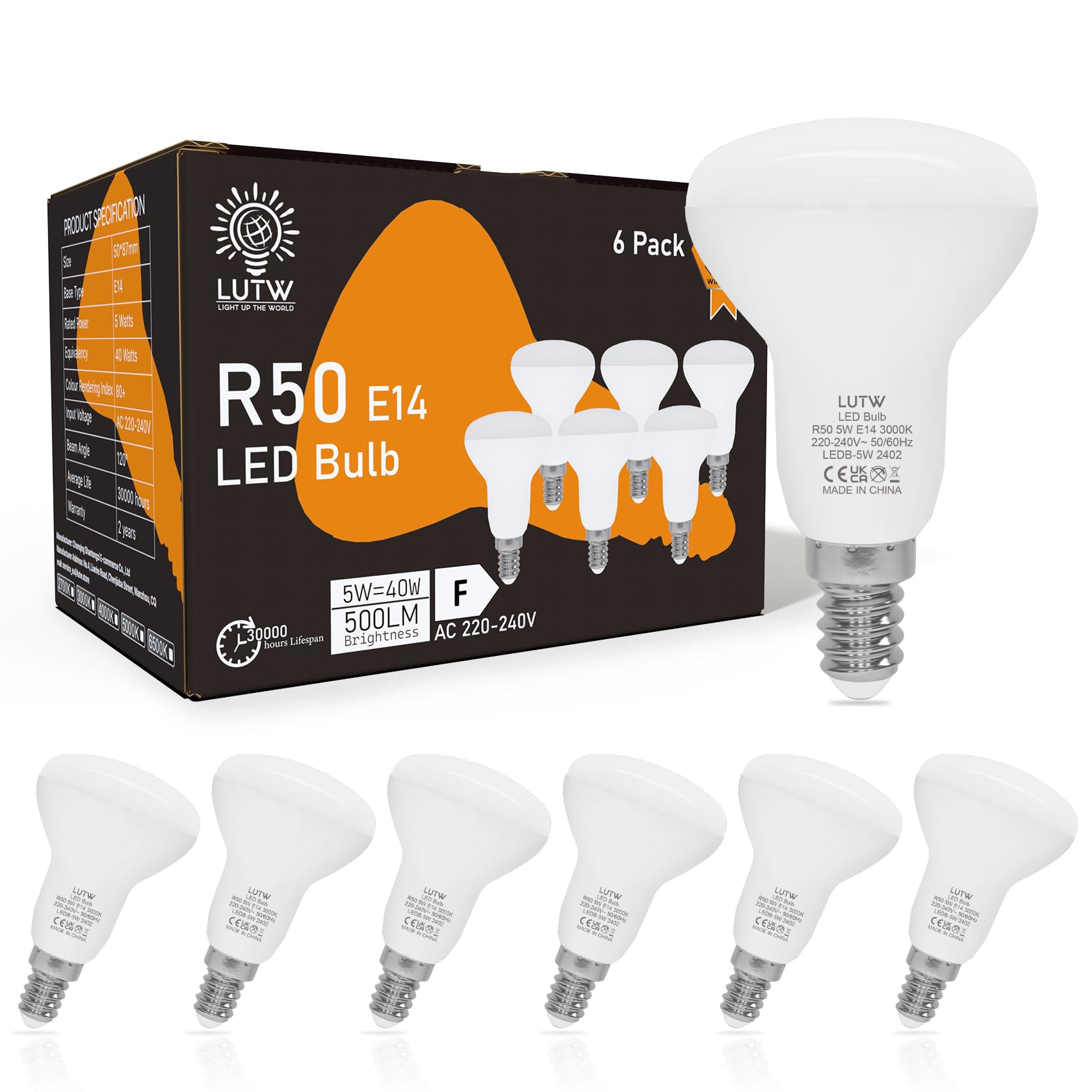 LUTW R50 E14 LED Light Bulb, 5W Reflector Small Screw in Light Bulb, 40W Equivalent, 500LM E14 LED Bulbs Warm White 3000K, SES LED Spotlight Bulbs Screw Fitting, 120° Wide Angle, Non-dimmable, 6 Pack
