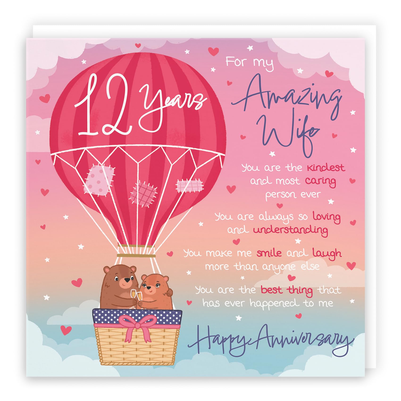 Hunts England - Wife 12th Anniversary Poem Card - Love Is In The Air - Beautiful Love Verse - Cute Bears - Luxury 12th Anniversary Card For Wife - Romantic 12 Years Wife Anniversary Card