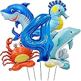 Sea Animal 4th Birthday Balloons, Ocean Animal Shark Crab Seahorse Dolphin Shape Balloon for Kids Under the Sea Party Decorations (4th Birthday)