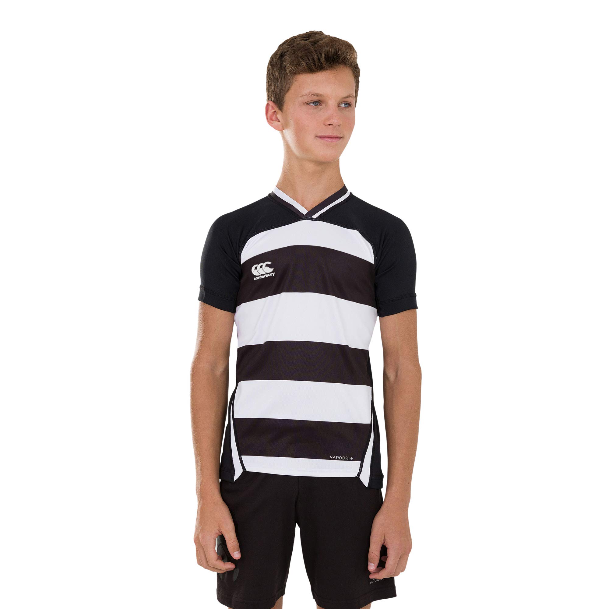 Canterbury Junior Boys Vapodri Evader Hooped Rugby Jersey | Vapodri Technology | Pro Athletic Fit | Durable Technical Rugby Jersey, Black2, 6