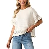 Yeokou Womens Short Sleeve Sweater Round Neck Ruffled Hem Knit Crochet Pullover Summer Fall Casual Top Blouse