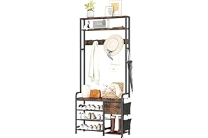 Homeiju Hall Tree with Bench and Shoe Storage, 3-in-1 Entryway Organizer with 6+2 Hooks, Coat Rack with Adjustable Feet for Stability, Mudroom Furniture with Storage Shelf