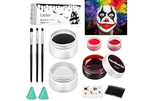 Lictin Halloween Clown Makeup Kit - White Black Red Face Body Paint + Fake Blood Gel, Water Activated Face Paint Kit for Adults, SFX Joker Zombie Vampire Skeleton Makeup Kit with Brushes & Sponges