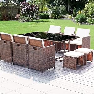 Homall 11 Pieces Patio Furniture Dining Set Patio Wicker Rattan Chair Sets Outdoor Furniture Cushioned Tempered Glass W/Ottoman Brown (PE Rattan)