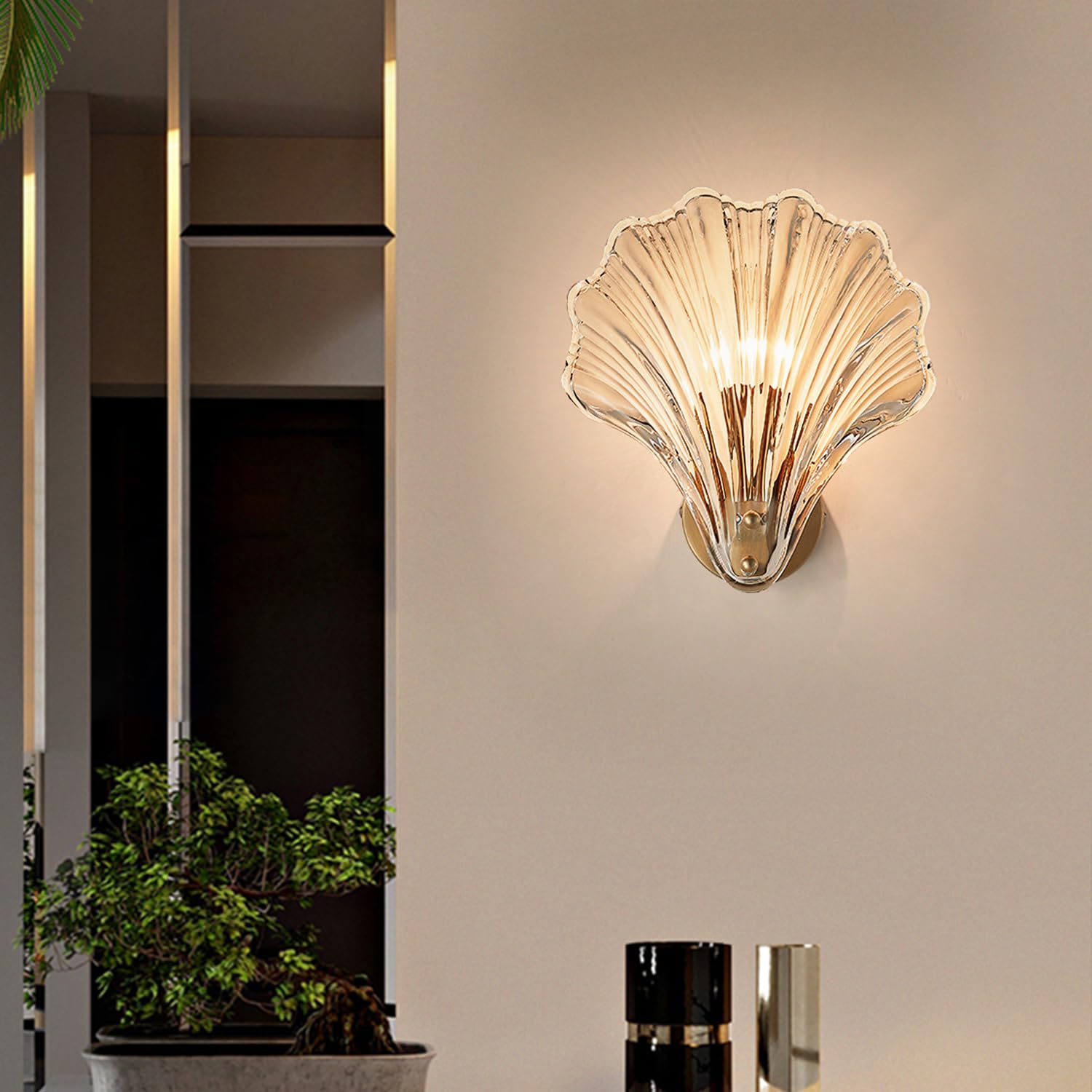 zhxinashu Shell Shaped Wall Light, E14 Glass Indoor Wall Lights for Living Room, Art Deco Wall Sconce, Modern Wall Lamp for Bedrooms & Corridor Bedside Reading Lamps (Amber)