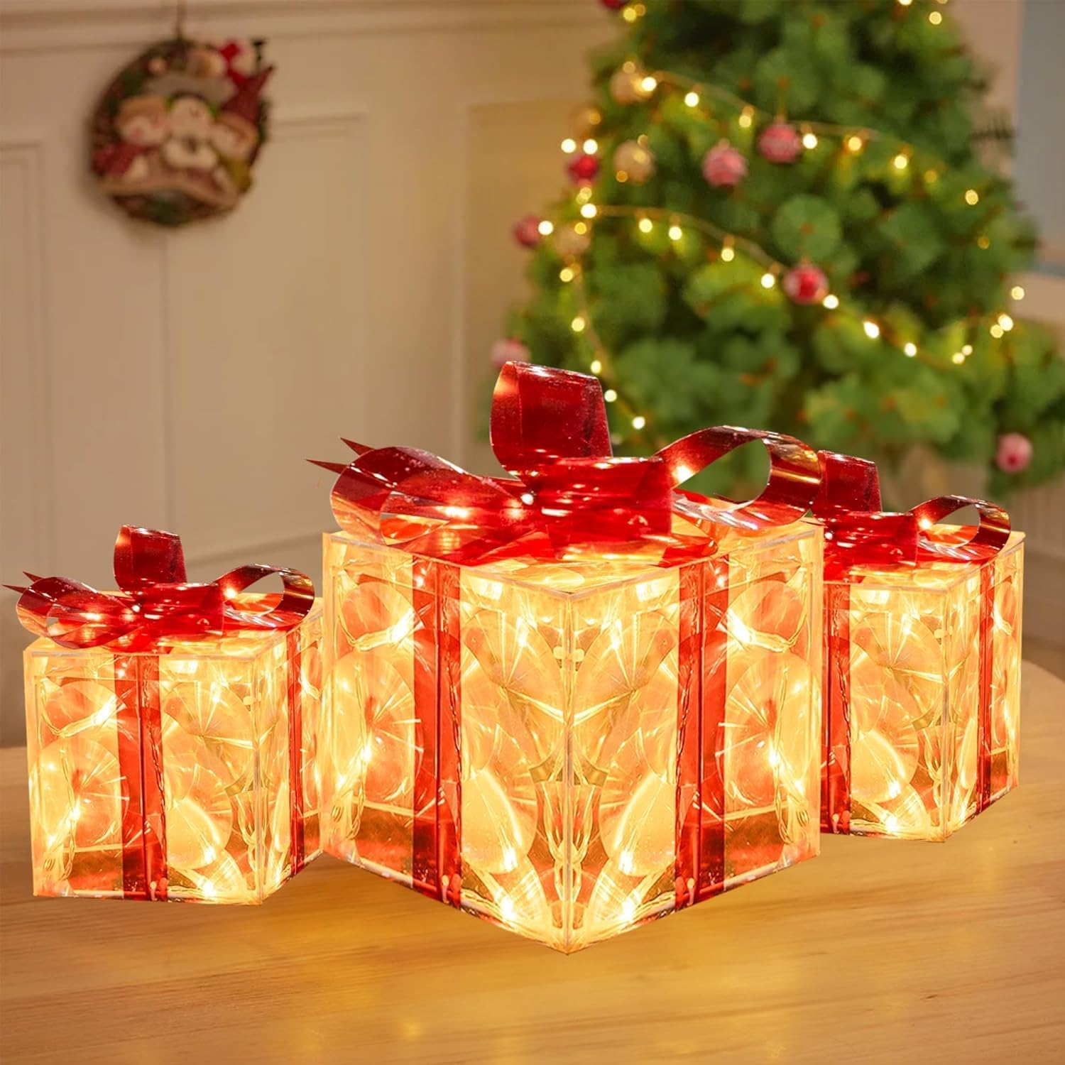 Photo 1 of Set of 3 Christmas Lighted Gift Boxes Decorations, Pre-lit Tinsel Present Box, Light Up Xmas Tree Skirt Ornament, Indoor Outdoor Christmas Boxes Present Decorations for Home Holiday Party