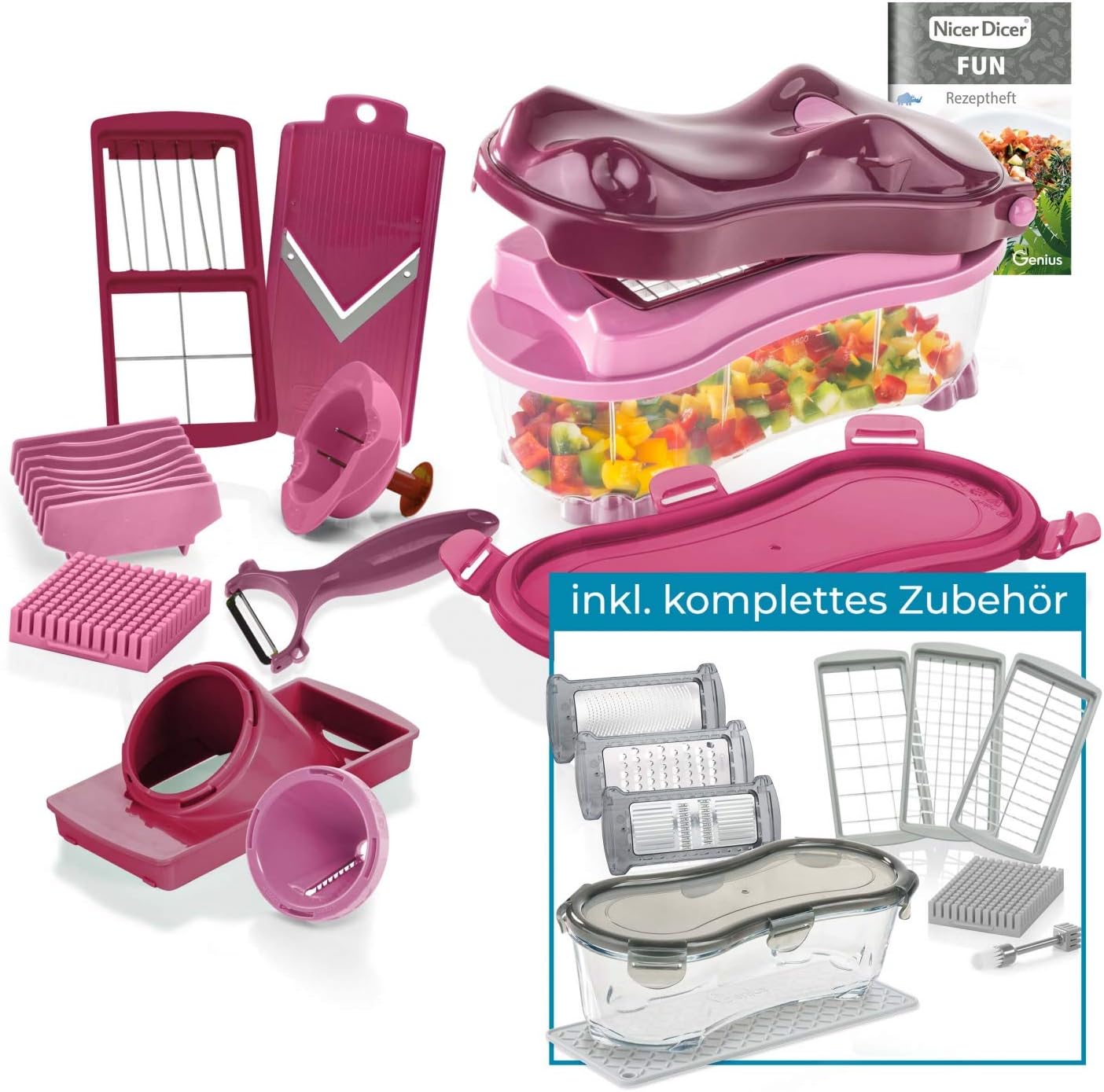 Genius Nicer Dicer Fun Hippo Deluxe Set (25tlg) tierischer Nicer Dicer Spaß - unzählige Schneid-Möglichkeiten, Würfel, Stifte, Scheiben, Streifen, Viertel zur gesunden Ernährung