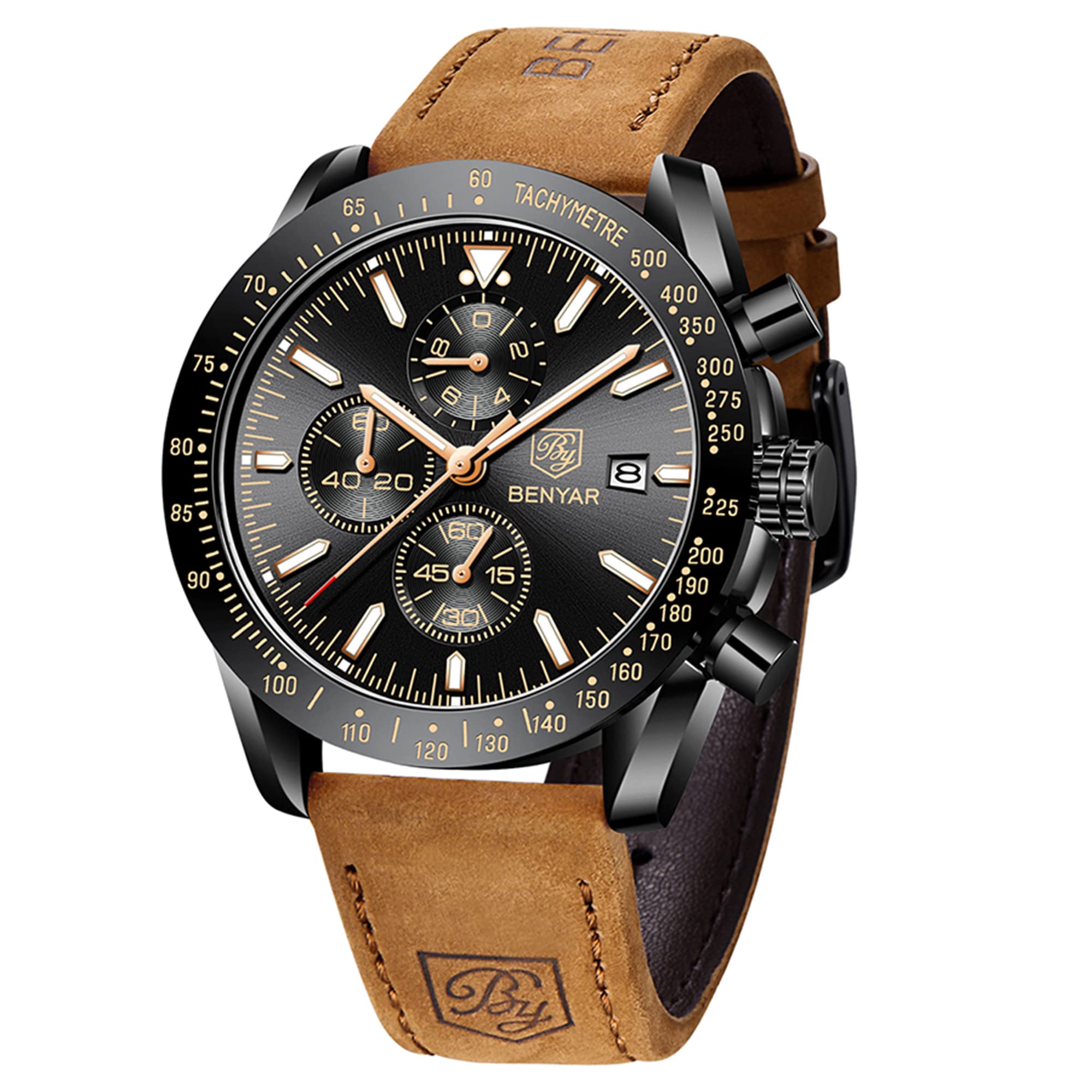 BY BENYAR Mens Watches Analog Quartz Chronograph Waterproof Brown Leather Men's Wrist Watches Business Work Casual Sport Classic Big Face Dress Watch Unique Elegant Gifts for Men โ image 1