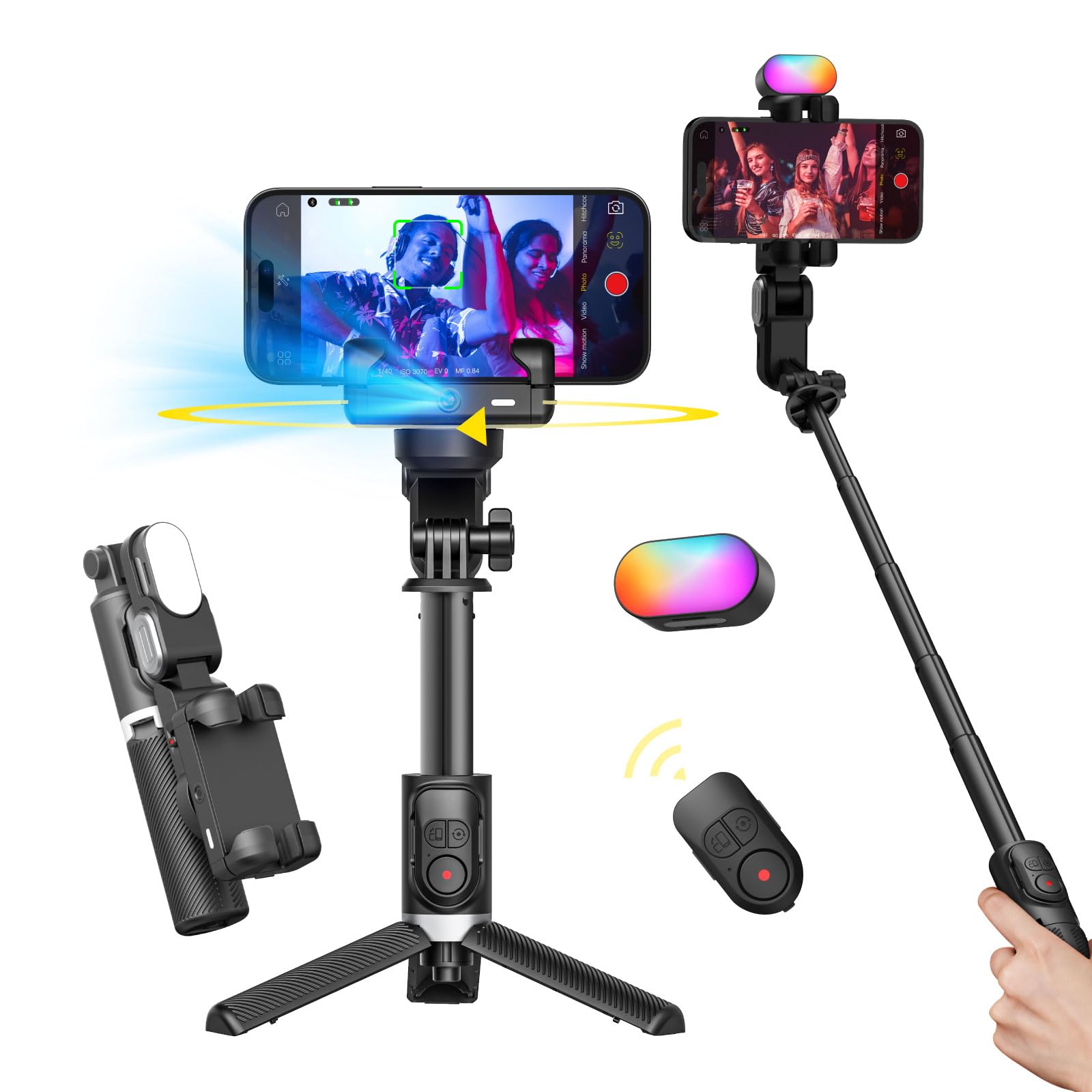 AOCHUAN Gimbal Stabilizer for Smartphone, 4 in 1 Phone Gimbal w/360° Rotation for iPhone/Andriod Sefie Stick Tripod w/Auto Face Tracking and Wireless Remote for TiK Tok YouTube Vlogging-M1 Pro Black