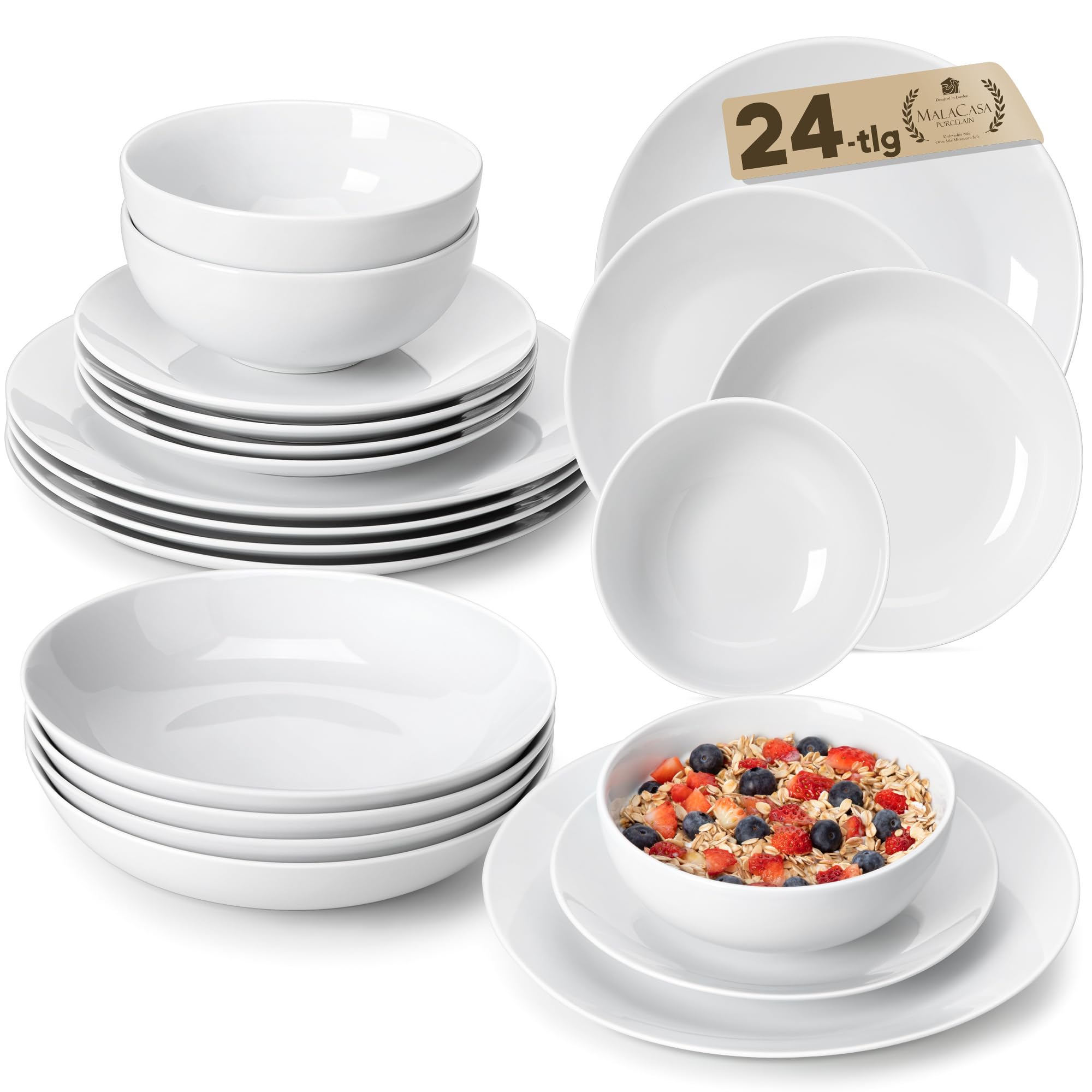 MALACASA Amelia Geschirrset 6 Personen, 24-tlg Porzellan Teller Set, Weiß