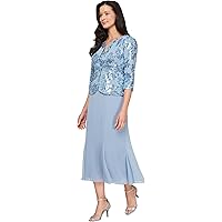 alex evenings women's tea length embroidered dress illusion sleeves Illusion Sleeve Tea Length Dress with Sequined Floral Accents main image 0